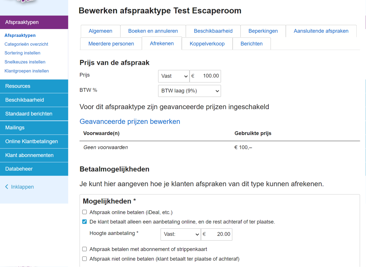 aanbetaling verplicht instellen
