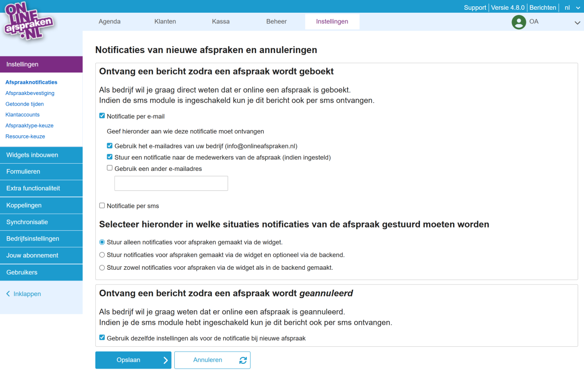 Afspraaknotificaties instelling.