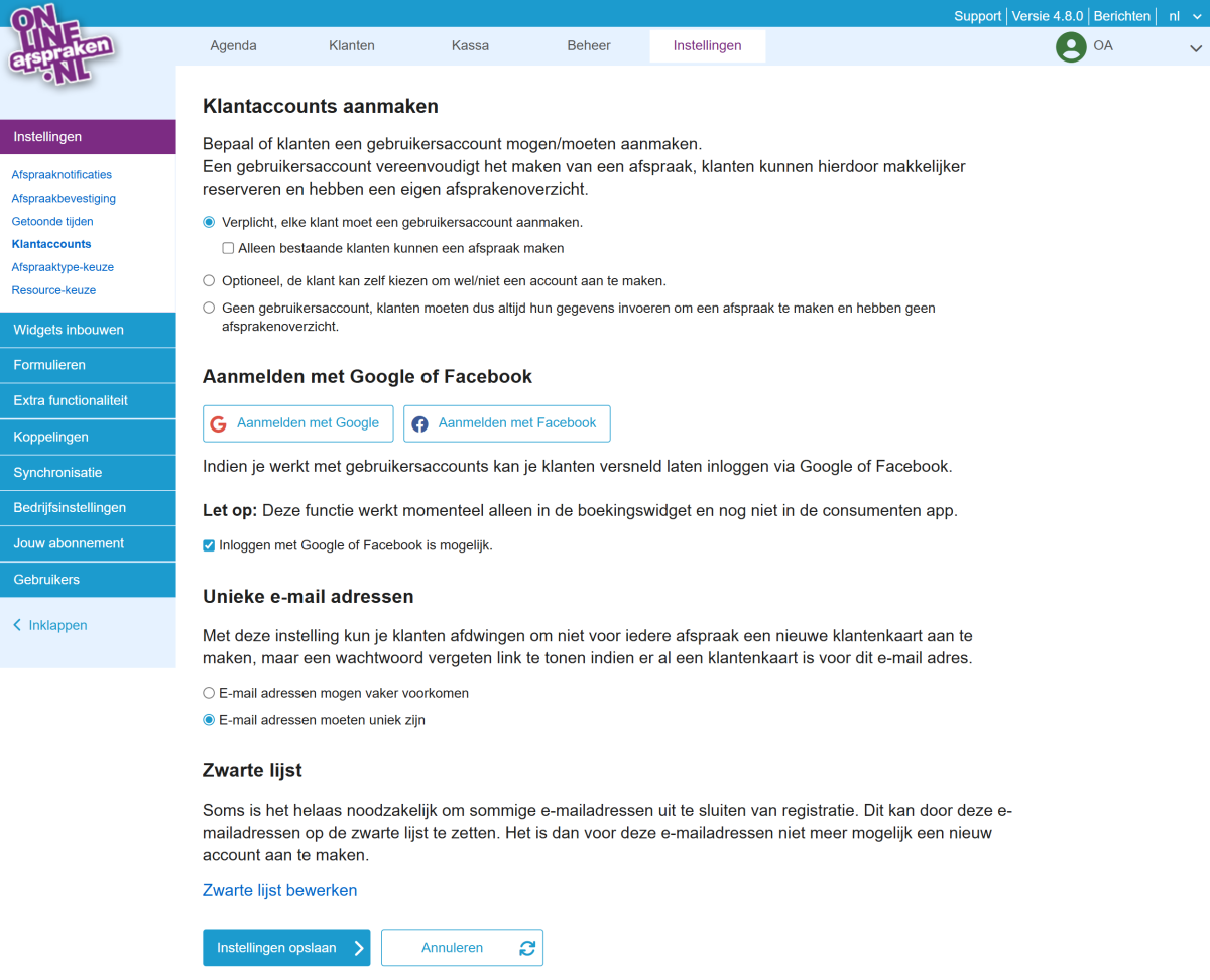 Klantaccounts en zwarte lijst