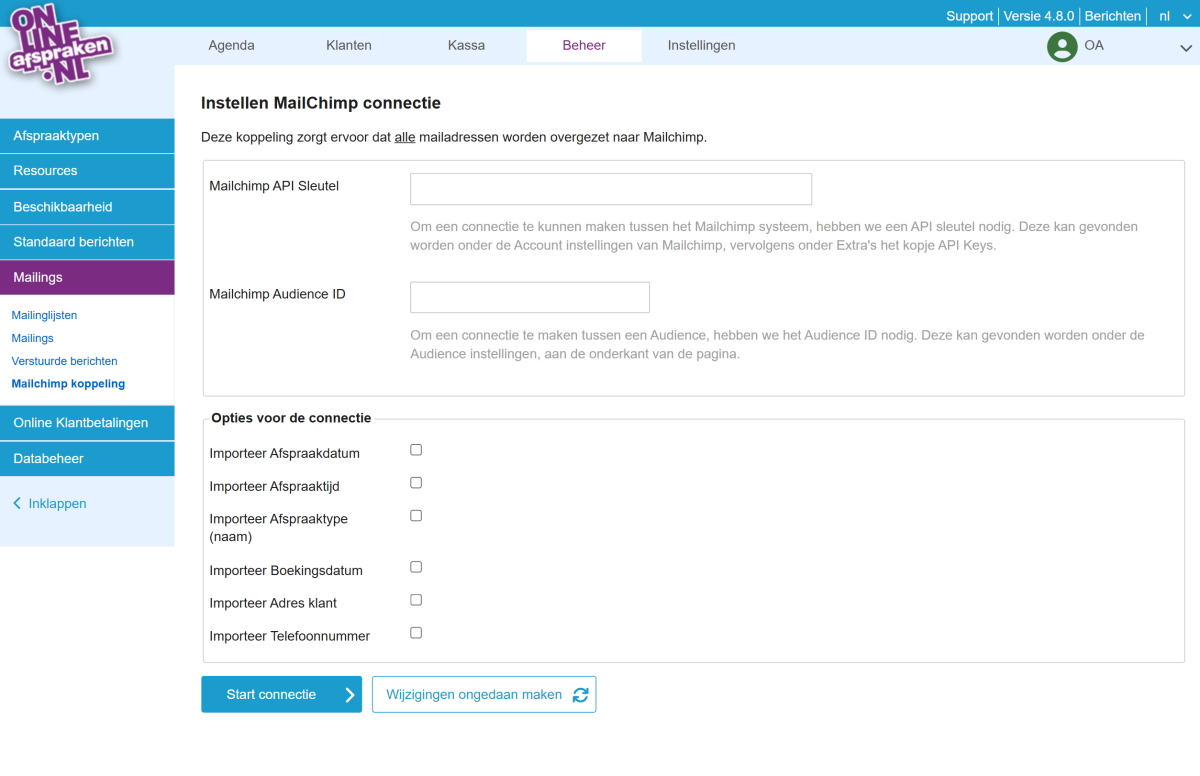 Mailchimp koppeling instellen
