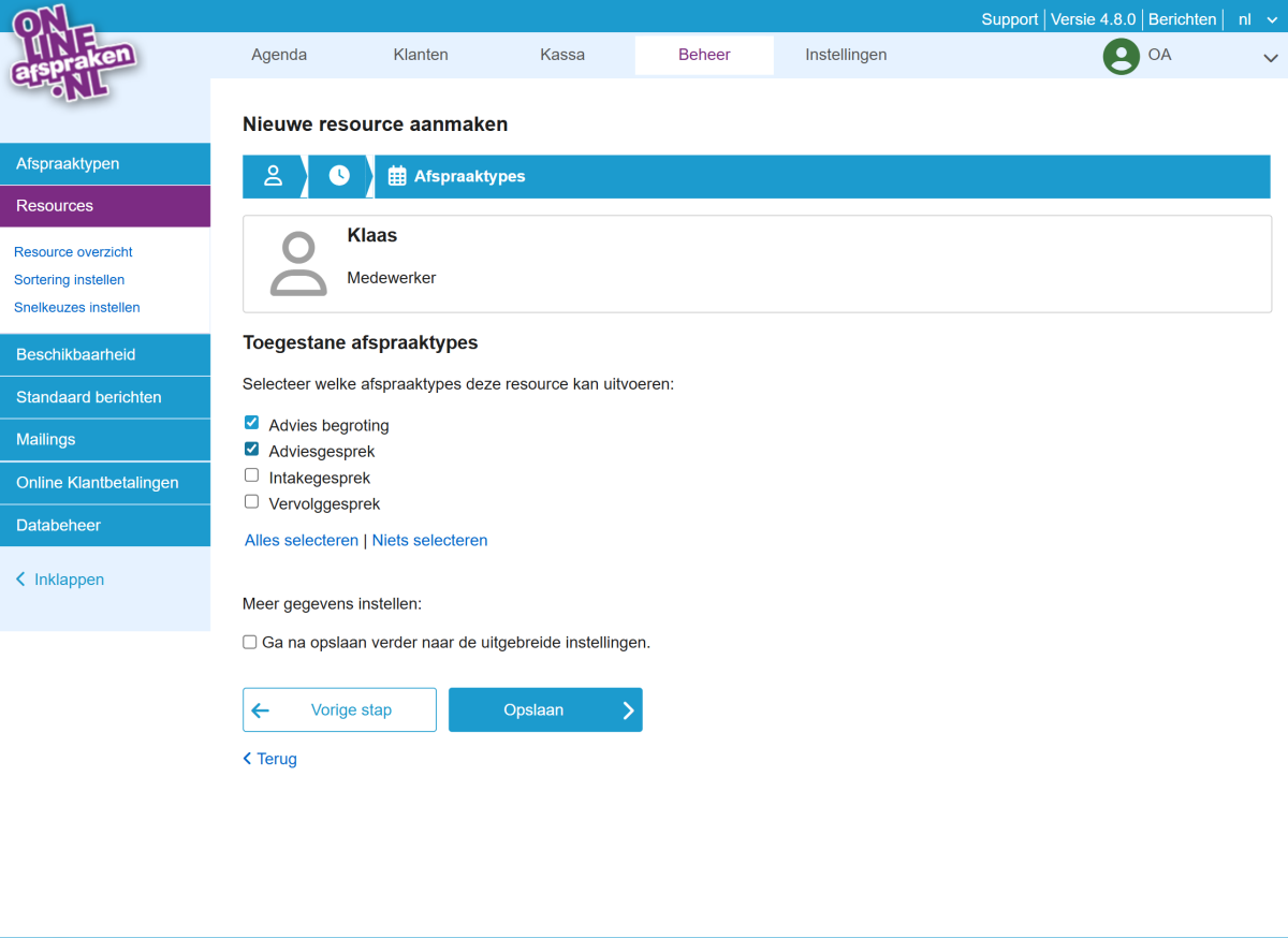 Resource afspraaktypen koppelen