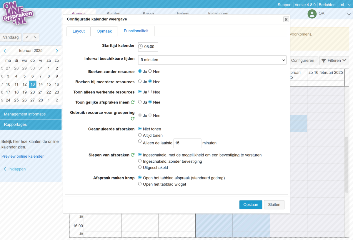 Tabblad Configureren agenda