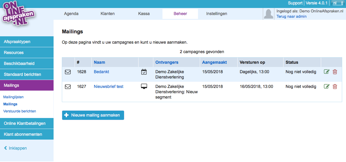 Overzicht mailings.