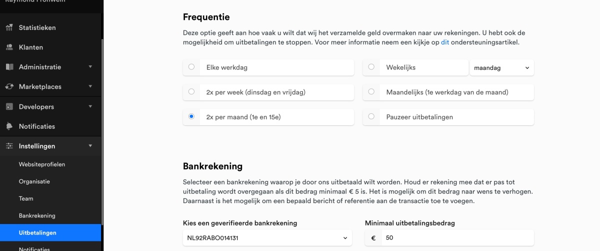 Mollie uitbetalingfrequentie instellen.
