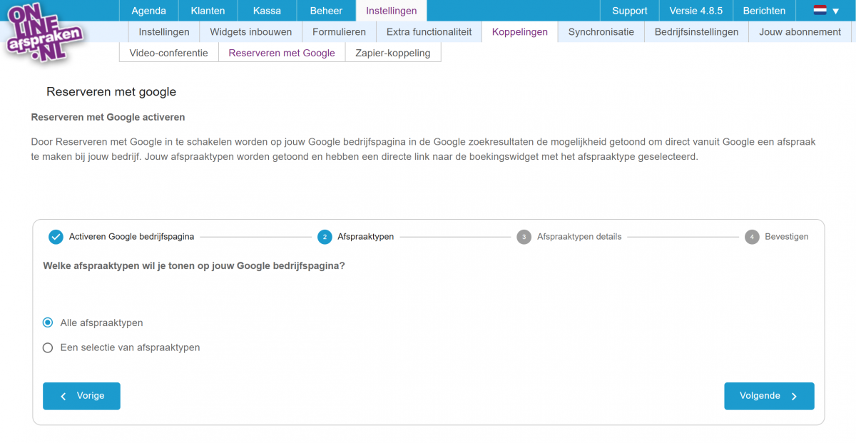 Scherm 2 voor het instellen van reserveren met Google