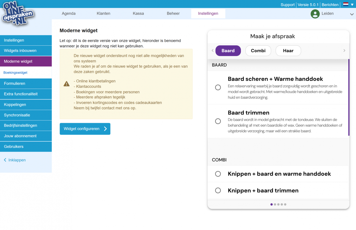 Een screenshot om aan te geven waar je de moderne widget kunt configureren
