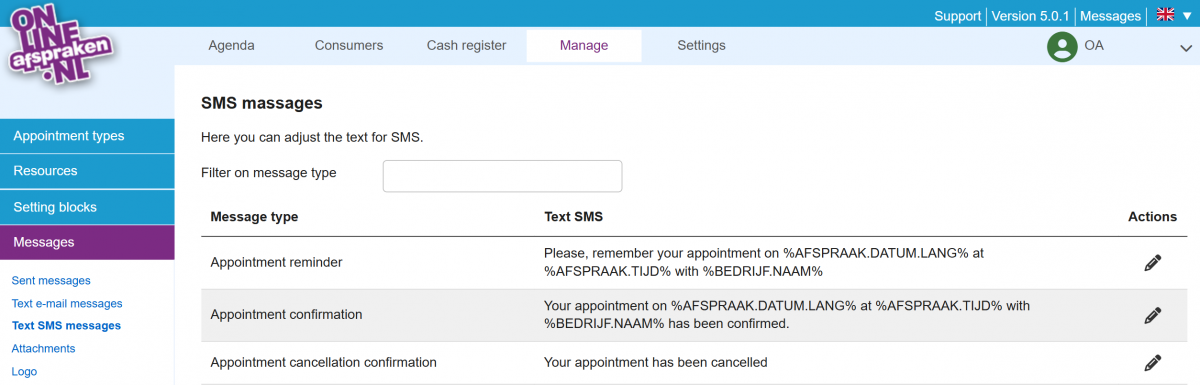 SMS text settings