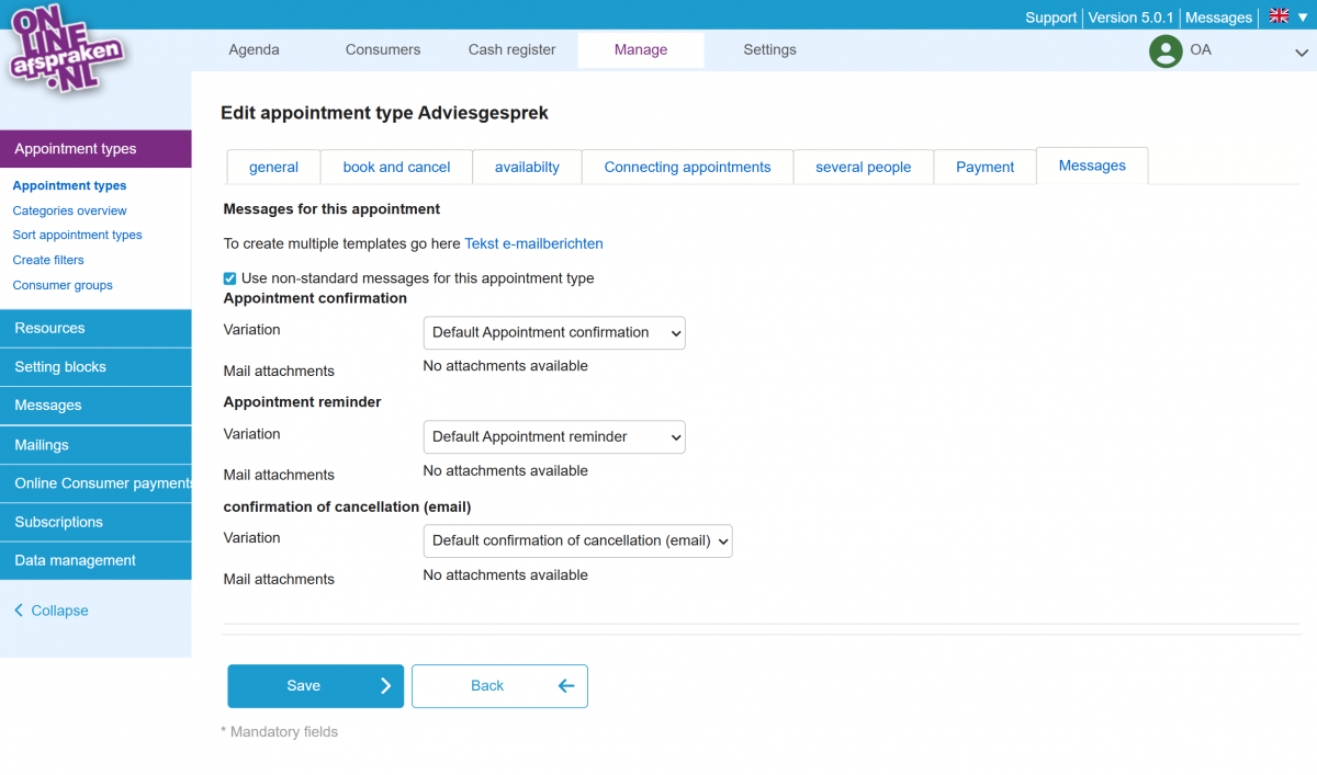 template setting screenshot in an app type