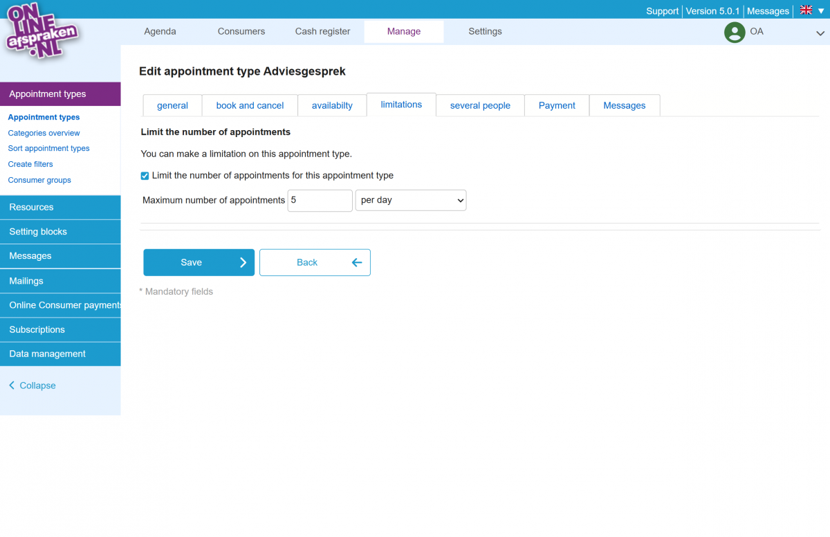 Maximum number of appointments screenshot