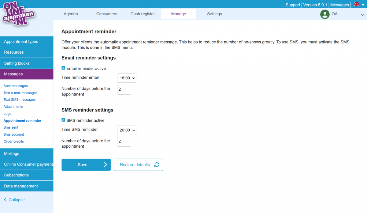 Screenshot of the appointment reminder setting