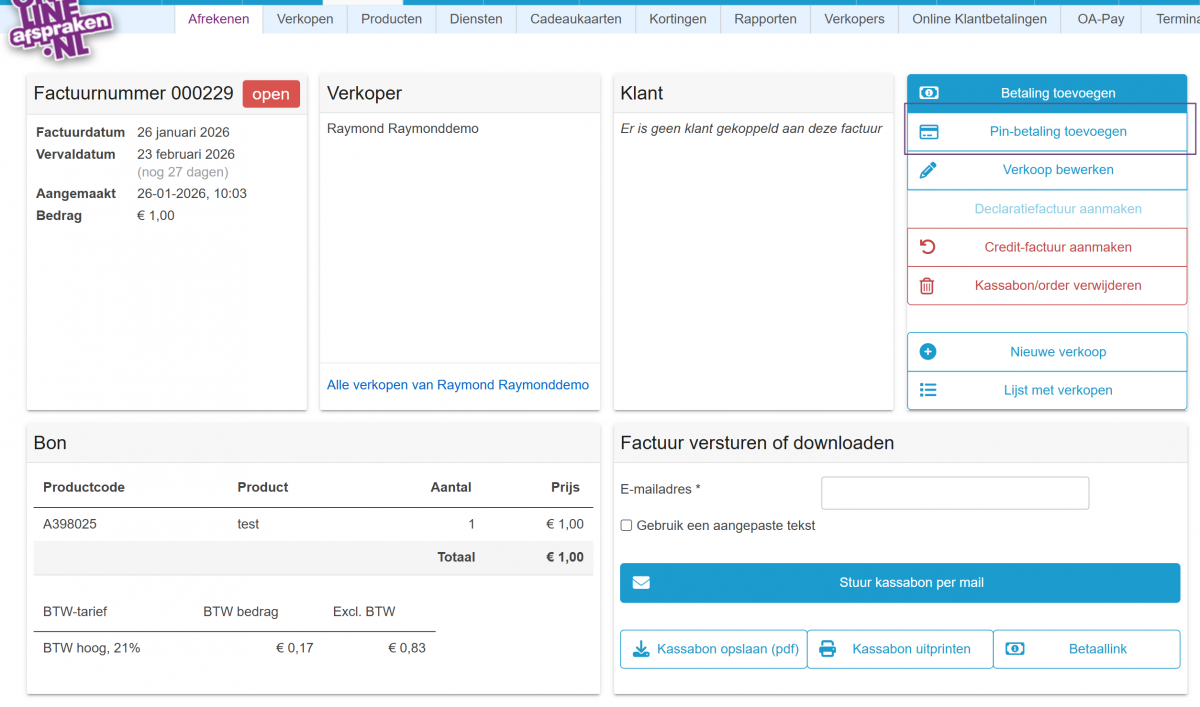 Bestaande verkoop pinbetaling