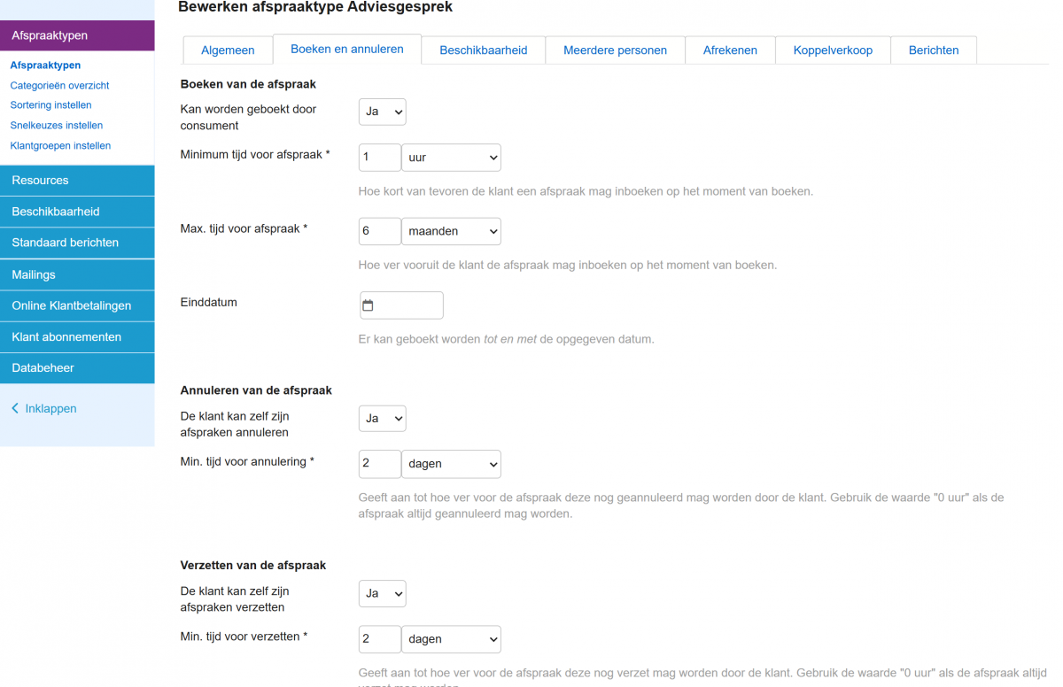Screenshot voor het instellen van de termijn boeken annuleren en verzetten